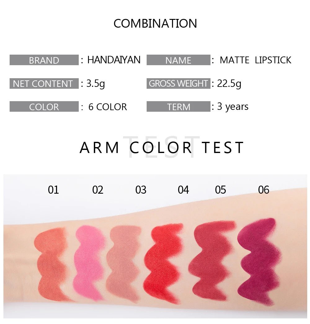 6-Color Matte Lipstick , Non-Fading, Non-Stick Cup Long-Lasting Velvet Finish, Smooth Matte Lip Color Waterproof Smudge-proof