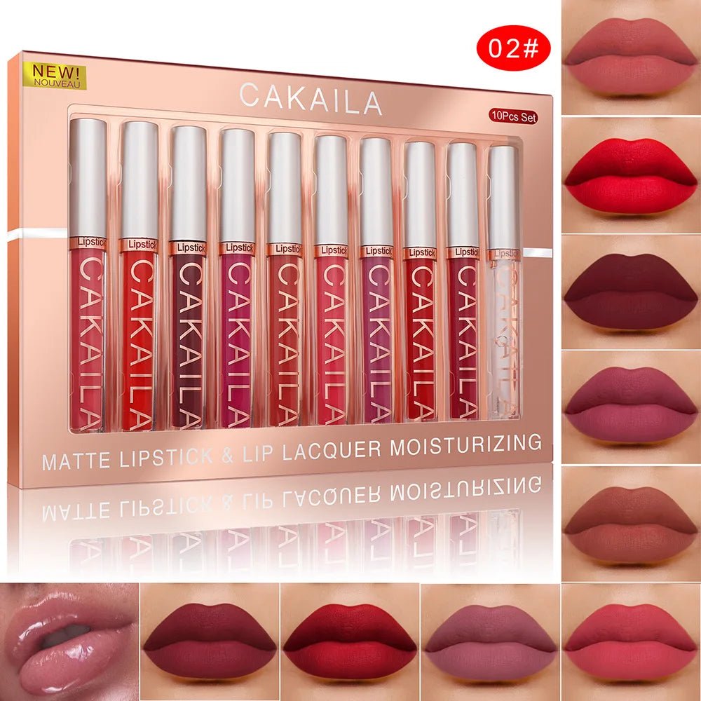 CAKAILA 10pcs/set Nude Lip Gloss Matte Velvet Lipstick Waterproof Long-lasting  Liquid Lipstick Women Moist Lip Tint