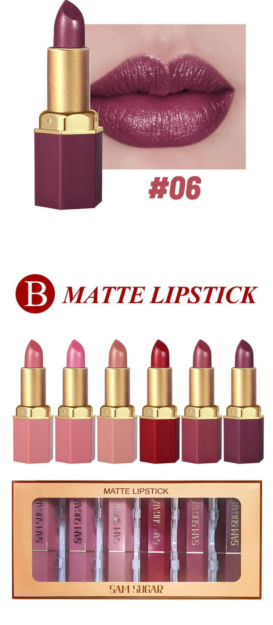 6 Colors Gold Bar Tube Lipstick Matte Texture Pearlescent Glitter Velvet Lipstick Valentine's Day Gift 6PCS