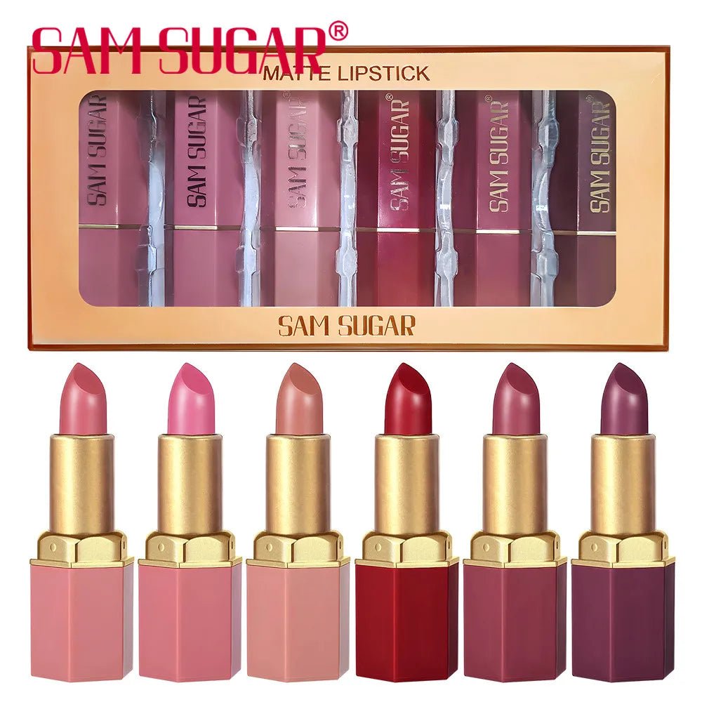 6 Colors Gold Bar Tube Lipstick Matte Texture Pearlescent Glitter Velvet Lipstick Valentine's Day Gift 6PCS